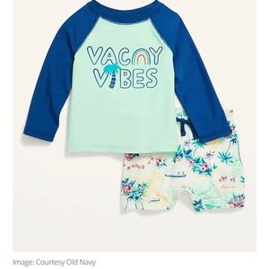 12-18 baby boy swim trunk and rash guard set. Featured on the bump.com